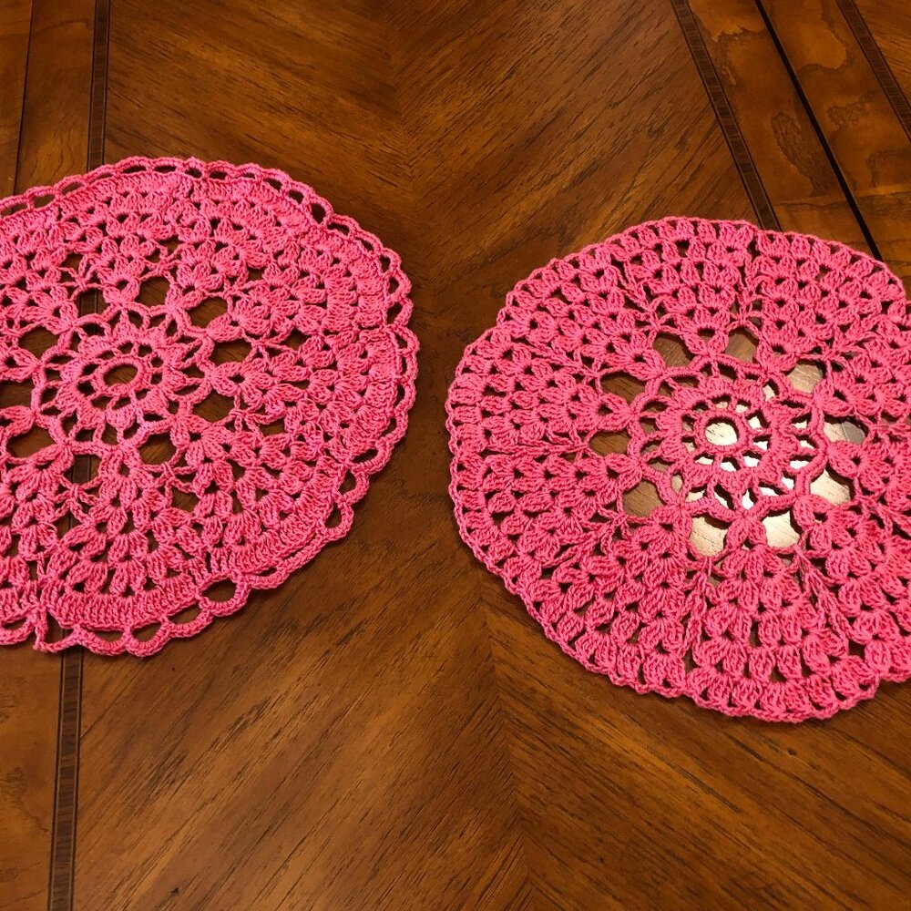 2 bright pink vintage lace hand crochet cotton doily 12" and 10.5"